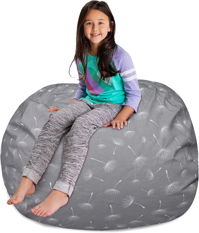 Posh Creations Kids Stuffed Animal Storage Bean Bag Chair Cover - Childrens Toy Organizer, X-Large-48in, Canvas White Dandelions on Gray - Image 4
