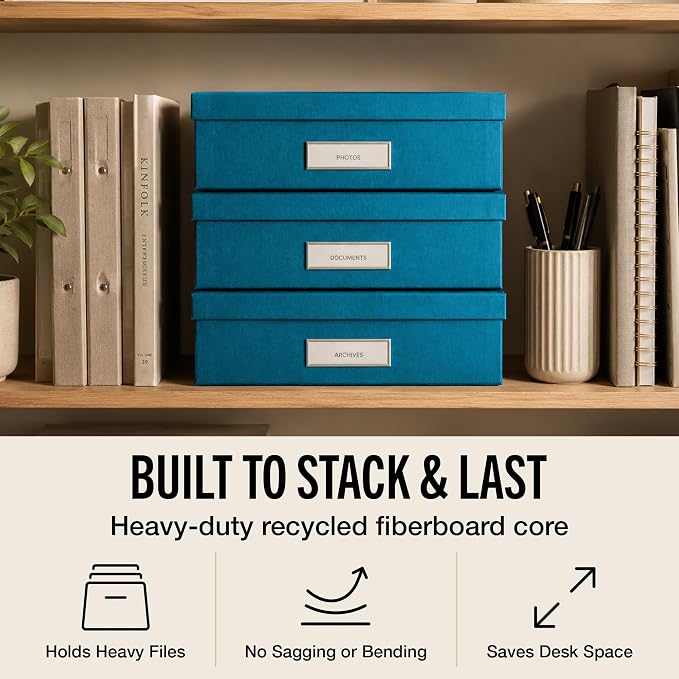 Bigso Oskar Fiberboard Label Frame Document Letter Box - File Organizer Box for Important Paperwork - Document Storage with a Lid & Label Window - 3.3 in x 10.2 in x 13.8 in - 3 Pack - Turquoise - Image 3
