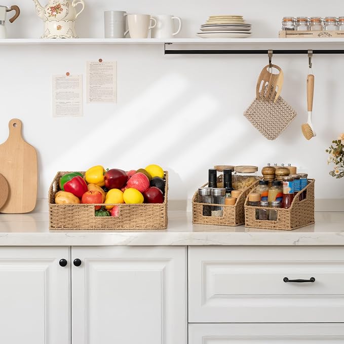 StorageWorks Paper Rope Shelf Baskets,Pantry Storage Baskets,Natural,3-Pack | Pantry Storage Baskets,Wicker Baskets with Handles,Handwoven Wicker Storage Baskets for Shelves,Pantry Organizers and Storage - Image 8
