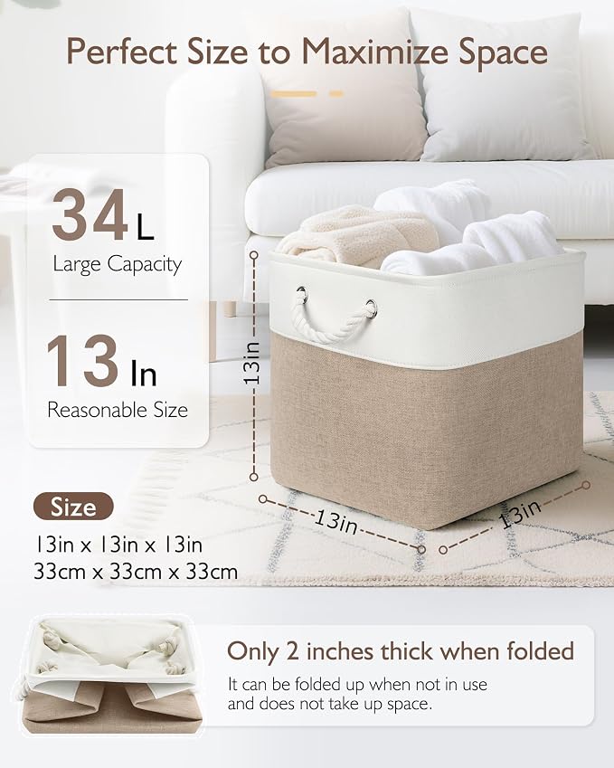 Patvingot 13-Inch Fabric Cube Storage Bins with Handles,4 Pack,Foldable | For cube shelves and closets,keeps grouped for everyday access,reinforced opening and fold-flat storage,white and khaki - Image 2