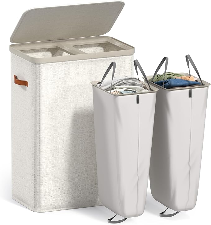 Sorbus Laundry Hamper with Lid - Collapsible 2-Compartment Fabric Laundry Basket with Handles and Removable Laundry Bag – 45 Gallon (170 L) Dirty Clothes Hamper for Bedroom, bathroom and dorm (Beige) by Sorbus