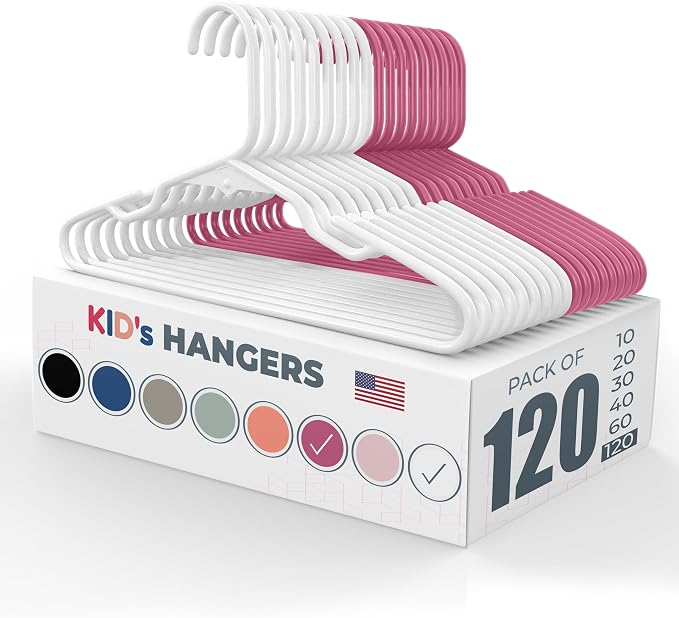 Plastic 12” Kids Hangers 100+ Pack (120 Count) – Made in The USA – 5lb Capacity Baby & Toddler Clothes Hangers with Notches & Reinforced Edges – Fits Children’s Sizes Up to 8 – White & Pink by NeatiesHangers