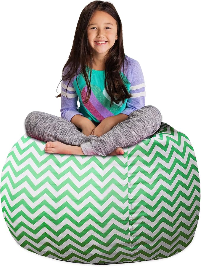 Posh Stuffable Kids Stuffed Animal Storage Bean Bag Chair Cover - Childrens Toy Organizer, Large 38" - Pattern Chevron Green and White by PoshCreations