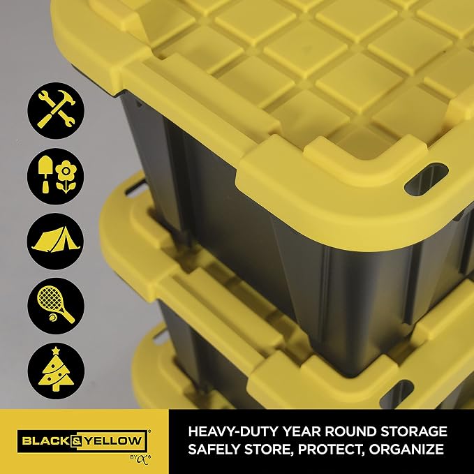 CX Heavy Duty 12-Gallon Stackable Plastic Storage Bins with Lids, 4 Pack | Storage totes for garage organization, Stackable containers, weather-resistant, snap lid, 12.5H x 16.3W x 21.8D, Black/Yellow - Image 6