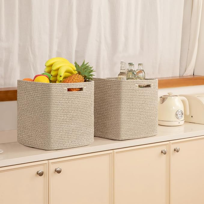 OIAHOMY 2 PACK Cube Storage Bin 11 Inch Collapsible Storage Cube Brown | Cube Storage Organizer Storage Bins for Shelves Baskets for Organizing Woven Rope Storage Baskets - Image 6