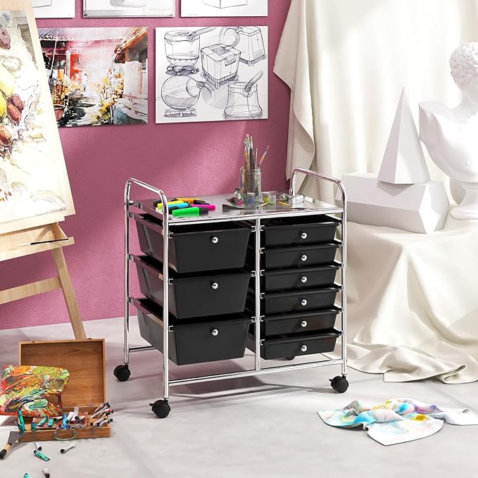 RELAX4LIFE 9 Drawer Rolling Storage Cart - Mobile Drawer Carts for Craft Art Supply Paper Salon, Utility Cart on Wheels for Classroom Teacher School Office, Rolling Cart with Drawers (Black) - Image 2
