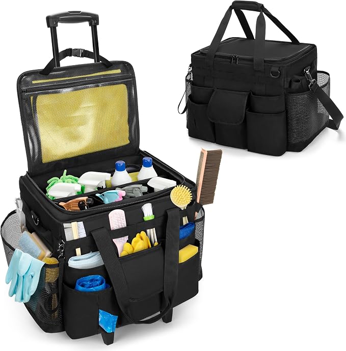 LoDrid Rolling Cleaning Caddy with Lid and Detachable Trolley, Black | Cleaning Supplies Organizer, Cleaning Caddy Cart on Wheels with Handle and Shoulder Strap for Housekeepers by LoDridDirect