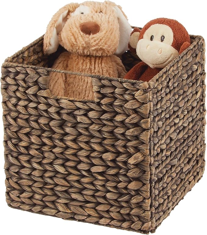 mDesign Natural Woven Hyacinth Cube Organizer Basket with Handles, Storage for Bathroom, Laundry Room Shelf or Nursery - Perfect for Cubby Storage Units - Hold Blankets and Books - 2 Pack, Brown Wash - Image 7