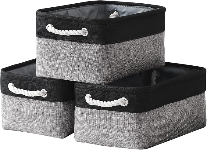 Storage Basket for Organizing - 14x10x7 inch Medium 3 Pack Collapsible Storage Bin for Shelves with Rope, Fabric Storage Cubes for Organizer Cloth Gift Toy Closet (Black & Grey) by TheWarmHome