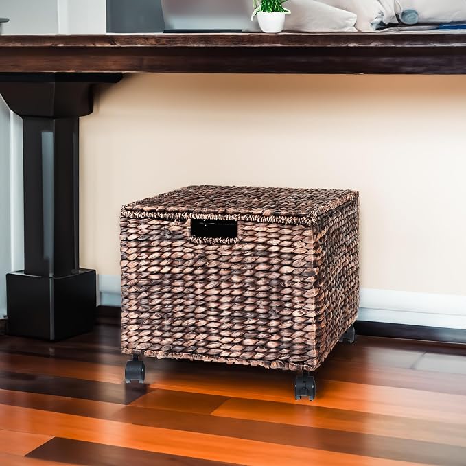 Trademark Innovations Rolling File Box Wicker File Cabinet Hanging File Baskets Water Hyacinth Storage Basket (Dark Brown) - Image 4
