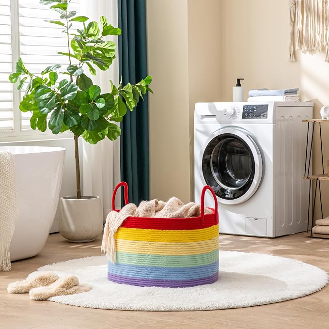 KAKAMAY Large Blanket Basket with Handles, Storage Basket for Living Room | Extra Large Capacity | Natural Cotton Rope | Blanket Storage | Woven Storage Basket | Stuffed Animal Storage | Laundry Basket - Image 4