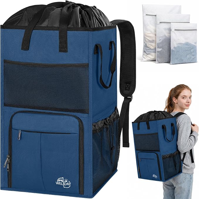 Large Laundry Backpack Bag with 3 Sizes Mesh Wash Bags Total 170L | 2 in 1 Laundry Hamper Basket with Shoulder Straps, Freestanding Laundry Bag for College Dorm, Laundromat, Apartment by WELIDAY