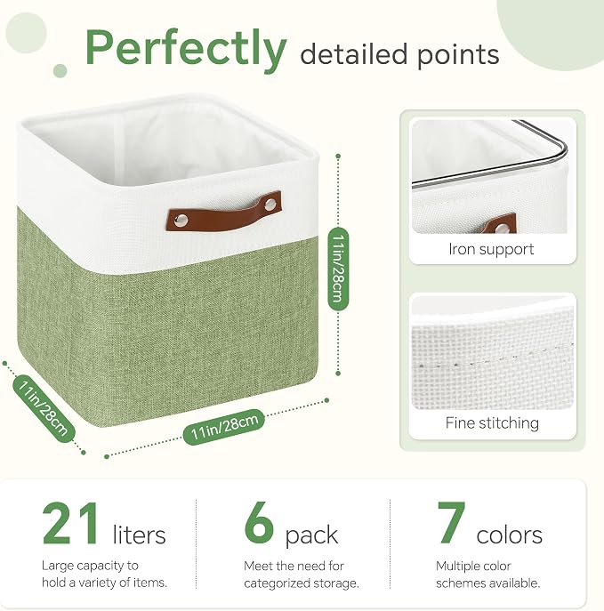 FinishingBo 11x11 Cube Storage Bins 6 Pack, Fabric Basket with Handles | Foldable Storage Cubes, PU Leather Handles,Closet Storage, White Green - Image 4