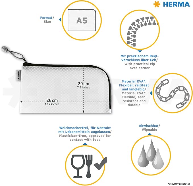 Herma 20011 Zip Toiletry Bag A5, Transparent (26 x 20 cm) Small Zippered Travel Pouch for Cosmetics, Liquids, Make-up, Toothbrush, Clear Cosmetic Bag with Zipper in Yellow - Image 6