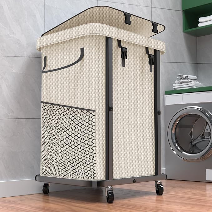 Laundry Basket with Lid, 150L Rolling Laundry Hamper with Wheels White | Dirty Clothes Hamper with Metal Frame and Removable Bag Design,Large Rolling Hampers for Laundry Room, Bedroom,Dorm by Unlockyourhomestoragelife