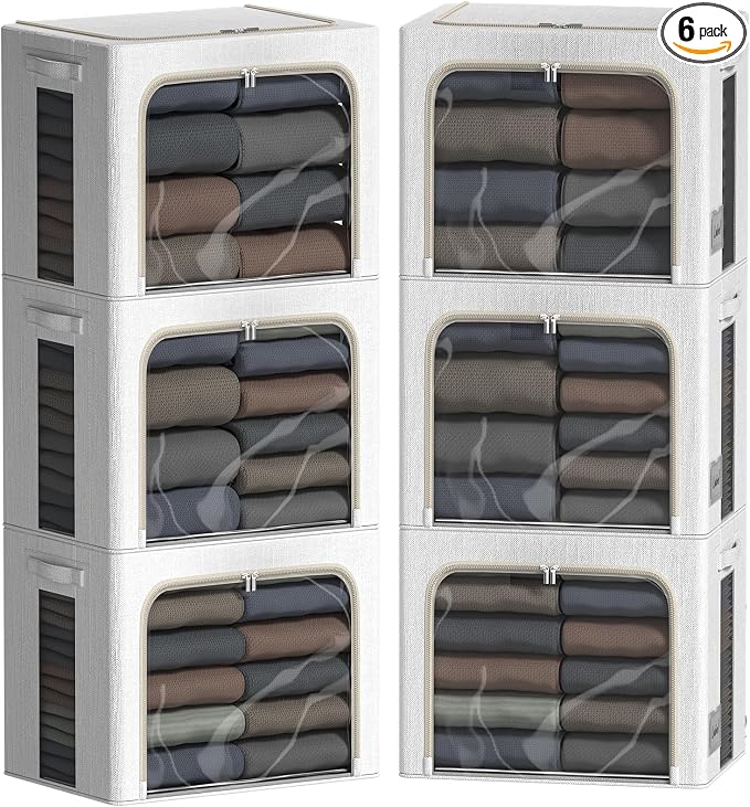 FHSQX 6 Pack Clothes Storage Bins with Metal Frame Foldable Storage Bins for Clothes Linen Fabric Storage Box with Clear Window (Lvory White, 15.7x11.8x11.8inch(36L)) by FHSQX