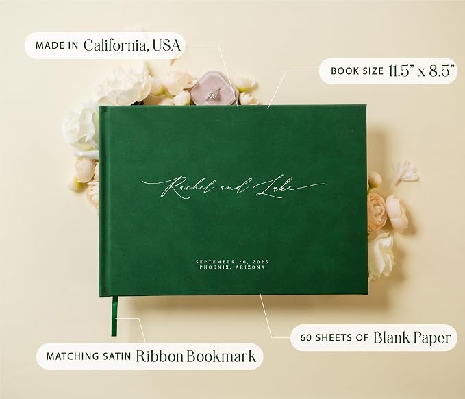 Personalized Guestbook in Emerald - Premium Custom Modern Guest Book for Wedding Reception, Birthday Party or Events w/Bookmark Blank Pages for Signing 11.5 x 8.5 inches - Image 3