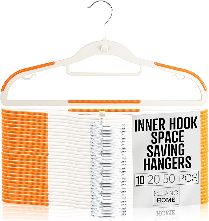 Lightweight White Plastic Hangers 10 Pack with Cascading Hook, Space Saving Thin, Closet Organizer, Orange Anti-Slip Pads, 360° Swivel, Tie Holder by milanohome