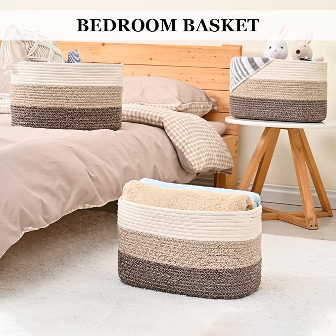 Cotton Rope Storage Baskets for Organizing - 3 Pack, 15"x10"x9" Woven Baskets for Storage, Shelf, Towel, Toys, Nursery, Laundry (White/Brown) - Image 5