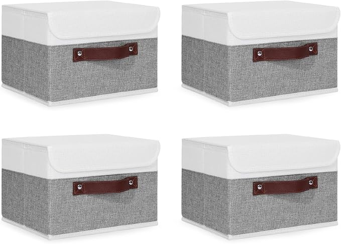 ANMINY Fabric Storage Box Bins with Lids, Gray White, 10"x8"x7", 4 Pack | Keepsake Memory Storage, Cotton Linen, PP Board Reinforced, Washable, PU Handles, Foldable & Stackable, Decorative, Small by ANMINY