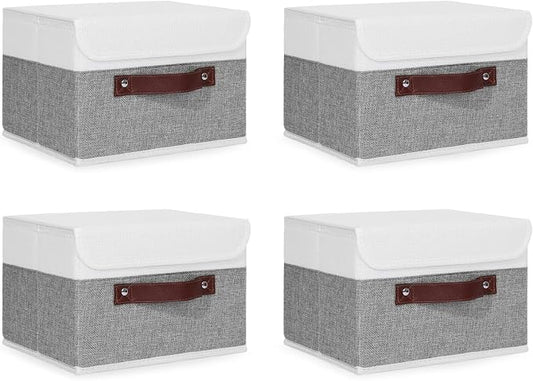 ANMINY Fabric Storage Box Bins with Lids, Gray White, 10"x8"x7", 4 Pack | Keepsake Memory Storage, Cotton Linen, PP Board Reinforced, Washable, PU Handles, Foldable & Stackable, Decorative, Small by ANMINY