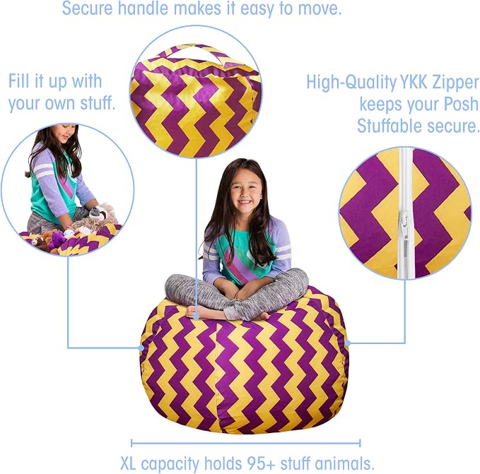 Posh Creations Stuffable Kids Stuffed Animal Storage Bean Bag Chair Cover - Childrens Toy Organizer, Large 38" - Pattern Chevron Purple and Yellow - Image 2