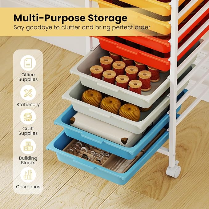 GOFLAME 10-Drawer Rolling Storage Cart, Craft Storage Cart with Wooden Tabletop and Lockable Wheels, Art Cart Supply Storage Organizer with Metal Frame for Home Office Classroom, Macaron Color - Image 4
