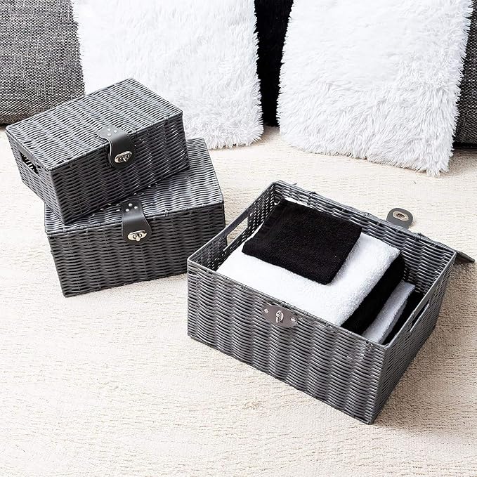 Set of 3 Woven Wicker Storage Basket Box with Lids & Lock, Built-in Carry Handles, Multifunctional Storage Organizer for Nursery, Baby, Clothes, Toys, Books, Large/Medium/Small Size (Grey) - Image 2