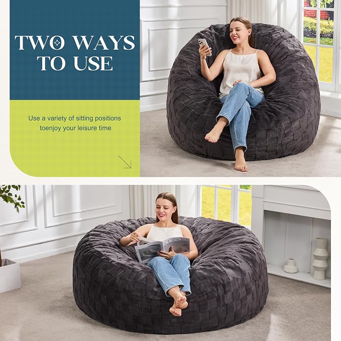 Hobestluk Adults Bean Bag Chair 5FT Big BeanBag Chair Giant Large Oversized | Memory Foam,Washable Cover,Unique Fluffy Plaid,Comfy Bean Bag with Filler Lounging Gaming Bedroom Living Room | Dark Grey 5FT - Image 3