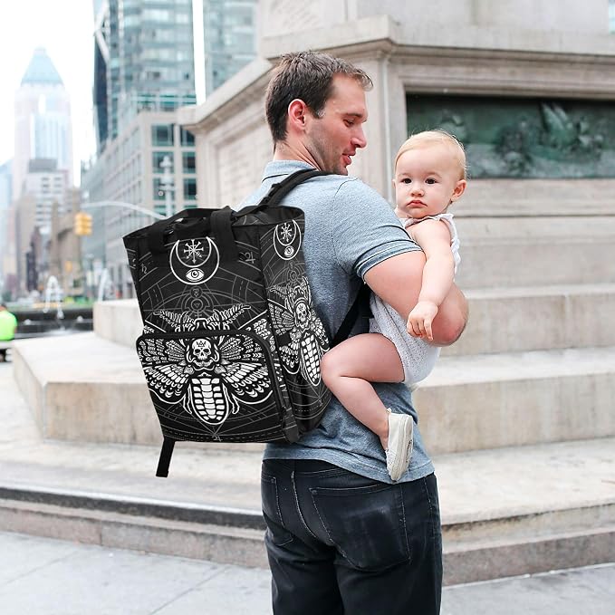 Mnsruu Diaper Bag Gothic Black Skull Moth Large Changing Backpack Multifunction Travel Tote Mommy Bag Baby Diaper Backpack for Mom Dad - Image 6