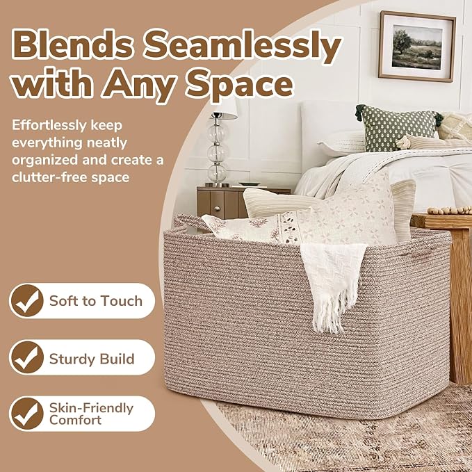 Goodpick 105L Extra Large Woven Rope Blanket Basket, Rectangle, Brown | 25'' x 16'' x 16'' Storage Basket for Blankets, Clothes & Pillows, Living Room & Bedroom Organization, Reinforced Handles - Image 5