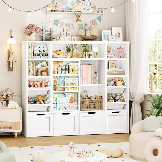 Toy Storage with Sliding Bookshelf, Toy Organizer with 4 Bins | 55.1’’ W Large Toy Storage Organizer Kids Bookshelf with 4 Movable Drawers, Toy Bins Playroom Storage for Kid Room, White - Image 4