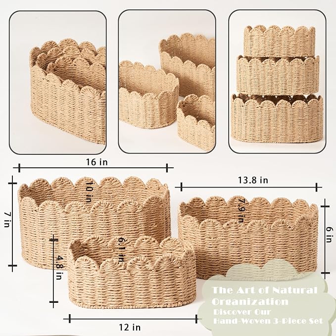 Scalloped Basket Set of 3, Wicker Storage Baskets - Hand-Woven Paper Rope Nursery Organizer for Diaper Caddy, Baby Toys & Shelves, Natural (16x10x7 Inch) - Image 5