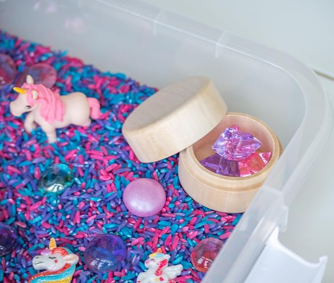 Unicorn Sensory Bin Kit for Kids | Pink, Purple & Blue Rice, Unicorn Figurines & Charms, Crystals & Wooden Tools – Includes Clear Storage Bin - Image 3