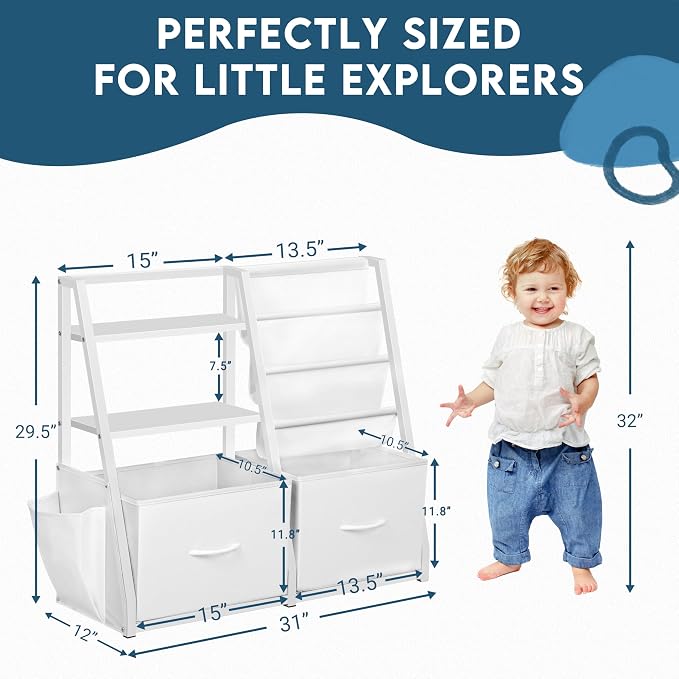 LOFTEY Kids Bookshelf and Toy Storage, Toy Box with Bookshelf, White | 29.5" Child-Friendly Height, 2 Large Fabric Drawers, 4 Sling Book Pockets, Anti-Tip Straps, for Nursery, Bedroom and Playroom - Image 2