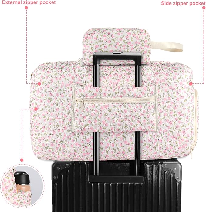 Quilted Floral Duffel Bag 2 Pack Weekender with Shoe Compartment | Women’s Overnight Hospital Bag for Labor Delivery, Travel Carry On Duffel with Toiletry Pouch for Gym & Weekend Getaway - Image 4