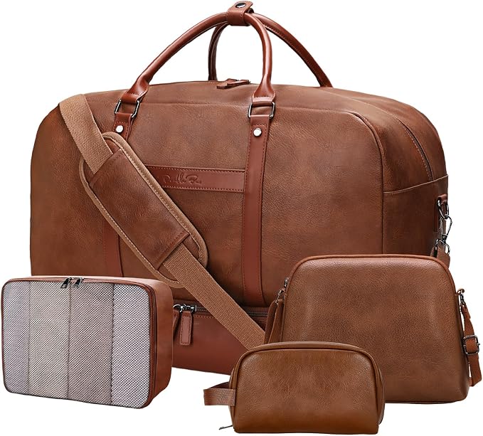 Large 4-in-1 Leather Duffle Bag for Travel Weekender Overnight Hospital Gym Bag for Men & Women, Carry On Airline Approved Personal Item Duffel Garment Bag Luggage with Shoe Compartment & Toiletry Bag by Unknown