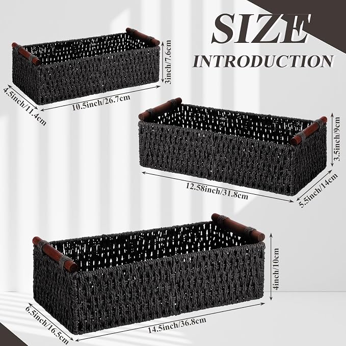 Boao 3 Pcs Boho Storage Wicker Baskets Handmade Woven Decorative Paper Rope Baskets for Organizing with Handle Countertop Toilet Paper Storage Container for Toilet Tank Top(Black,Rectangle) - Image 2