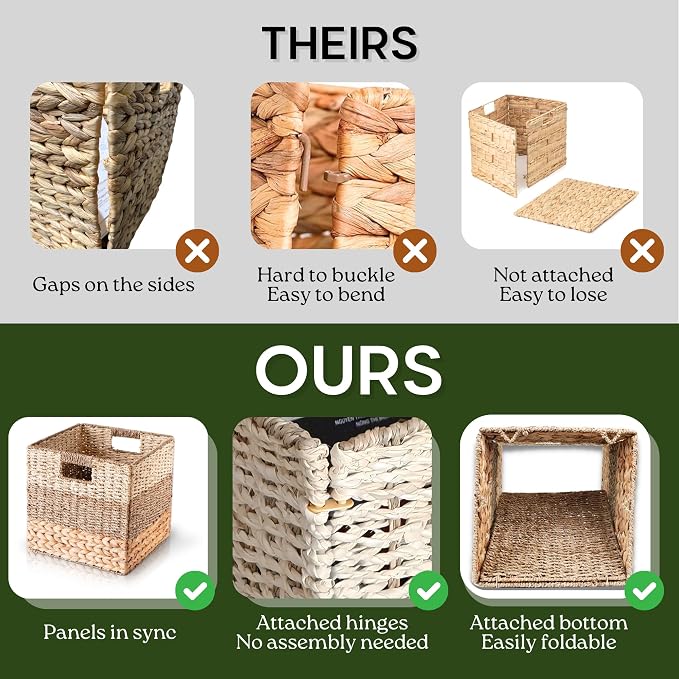 13x13 Wicker Storage Cubes, 13x13x13 Storage Cube Bins Set 4 | 13 Inch Cube Storage Bins Baskets For Shelves, Large Woven Cube Storage Bin With Handle, Foldable Square Baskets For Storage - Image 6