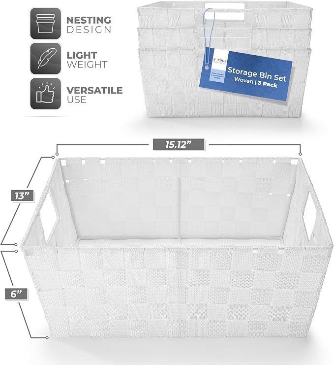 Sorbus Set of 3 Large Woven Storage Baskets – Mesh Hand-Woven Baskets for Organizing, Fabric Storage Bins for Linen Closet Organizer, Storage Baskets for Shelves and Home Organization (White) - Image 3