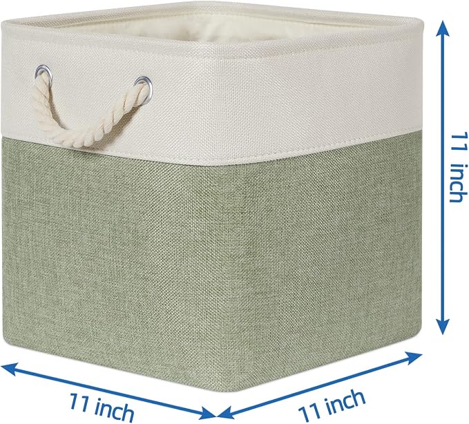 Temary Cube for Shelves 11 Inch Bin 4Pack Fabric Storage Baskets for Organizing Toys, Clothes, Decorative Baskets with Rope Handles (White&Green) - Image 3