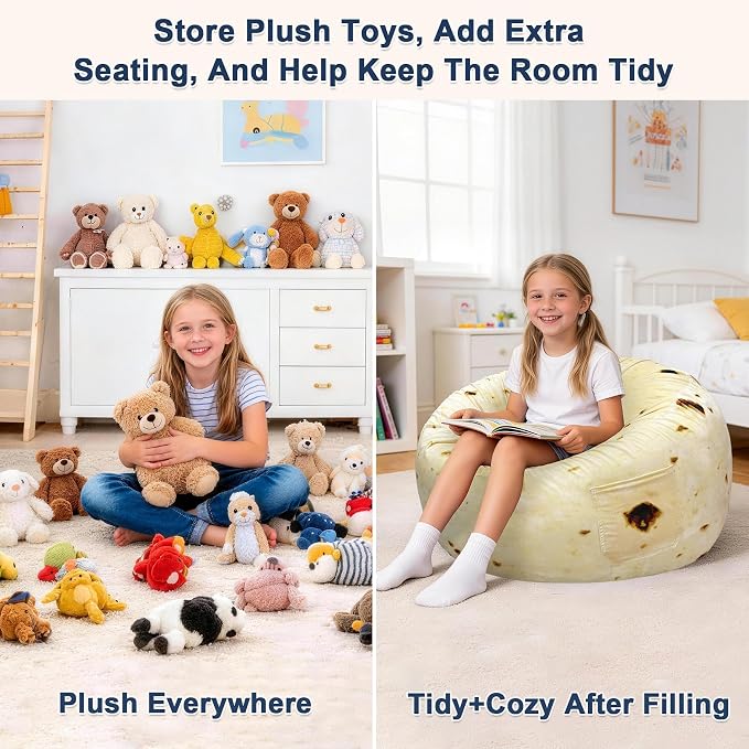 Lukeight Burrito Stuffed Animal Storage Bean Bag Chair Cover for Teens, Velvet Plush Toy Organizer Seat, Cover Only, No Filling Included, Long YKK Zipper, Side Pocket, XX-Large 36"D x 20"H - Image 3