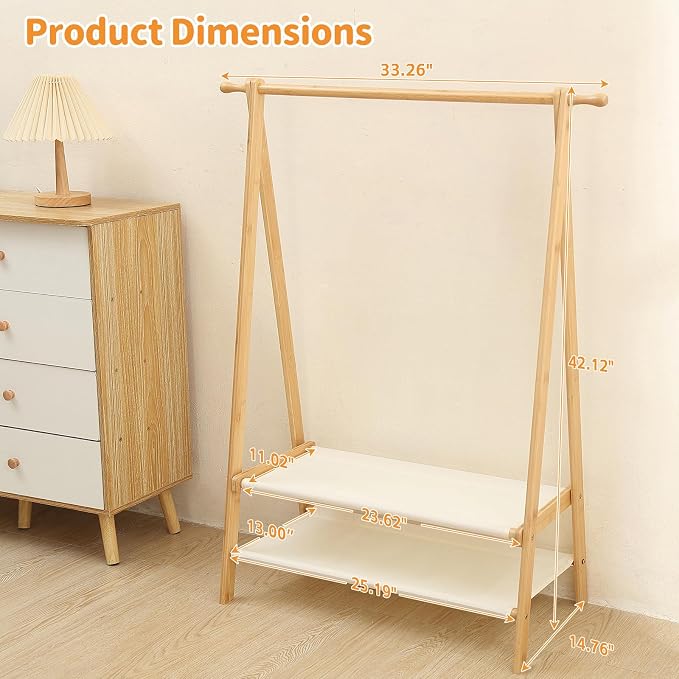 Foldable Kids Clothing Rack - Dress Up Storage with 2 Fabric Shelves, Bamboo Small Clothes Rack for Hanging Organizer, Kids Costume Wardrobe & Dress Up Rack for Bedroom, Playroom, Nursery (Natural) - Image 3