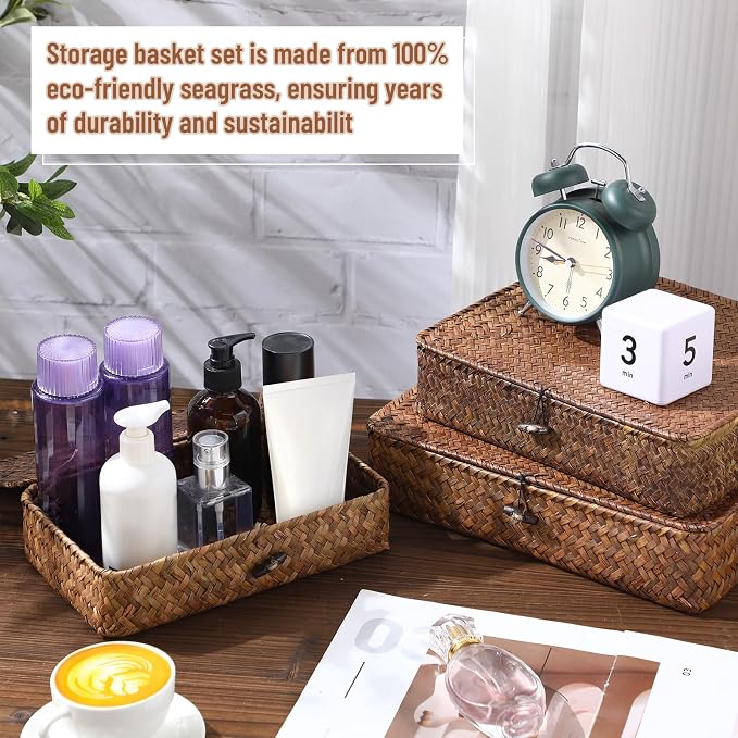 Didaey Set of 4 Seagrass Basket with Lid Wicker Storage Basket Decorative Storage Boxes with Lids Flat Storage Bins Woven Organizer Baskets for Shelf Closet Bedroom, 4 Sizes (Dark Brown) - Image 4