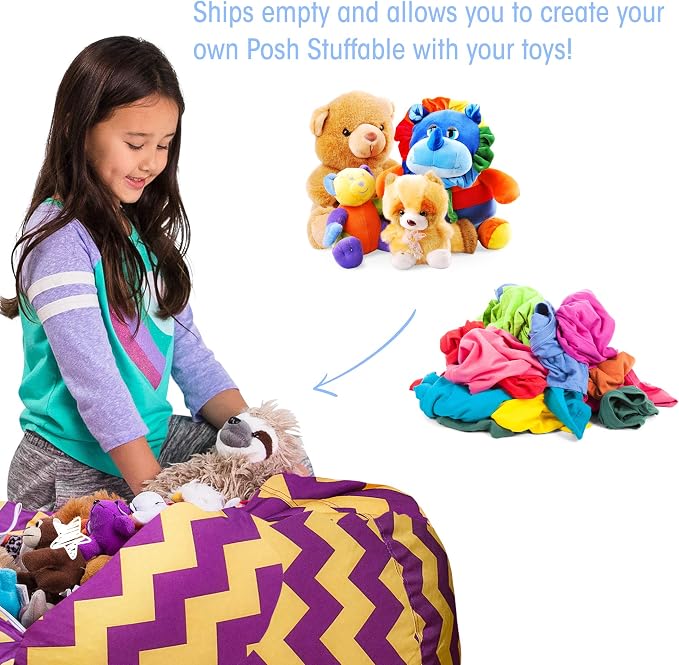 Posh Creations Stuffable Kids Stuffed Animal Storage Bean Bag Chair Cover - Childrens Toy Organizer, Large 38" - Pattern Chevron Purple and Yellow - Image 3