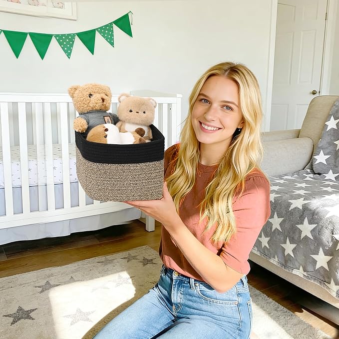 3 Pack Cube Storage Bin, 9”x9”x7” Cotton Rope Woven Baskets for Organizing Toys Clothes Towels, Square Gift Storage Baskets for Shelves, Nursery, Closet, Bathroom, Pantry (Black & Brown) - Image 6