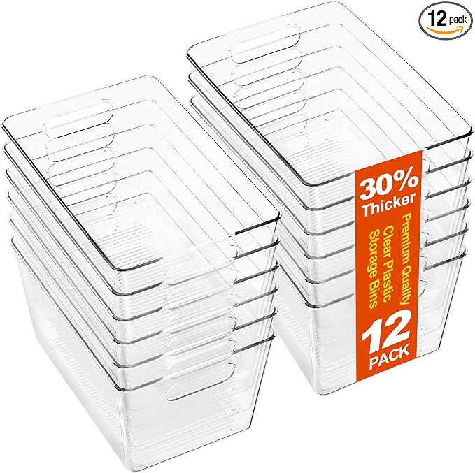 12 Pack Large Clear Plastic Storage Bins, Kitchen&Pantry Organizer | Heavy-duty 450g BPA-free PETG containers with handles for fridge, under-sink, bathroom, office, closet, and garage storage by JOYMEEZO