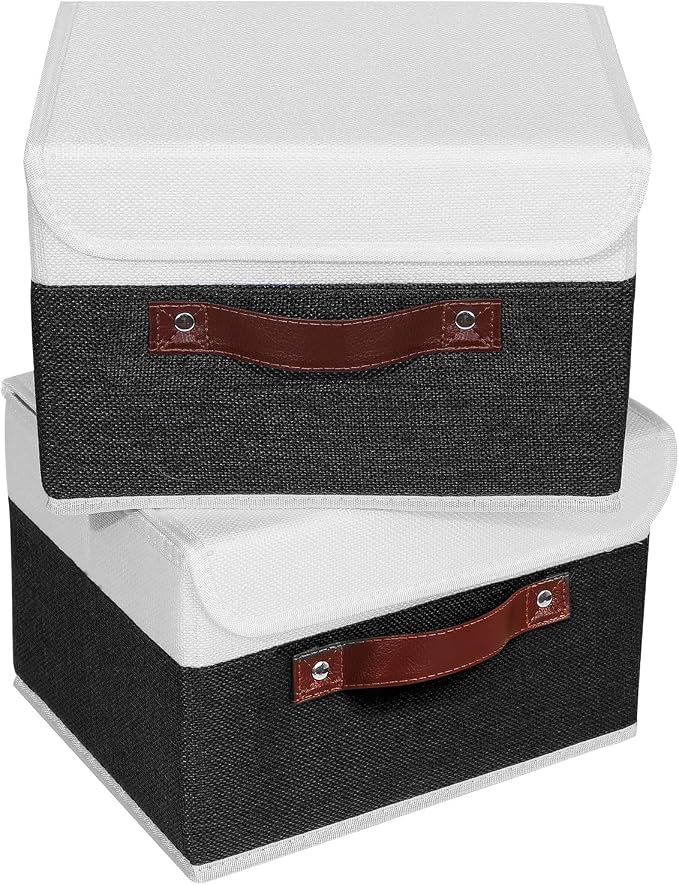 ANMINY Fabric Storage Box Bins with Lids, Black White, 10"x8"x7", 2 Pack | Keepsake Memory Storage, Cotton Linen, PP Board Reinforced, Washable, PU Handles, Foldable & Stackable, Decorative, Small - Image 2