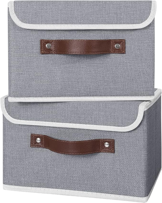 ANMINY Fabric Storage Box Bins with Lids, Gray, 10"x8"x7", 4 Pack | Keepsake Memory Storage, Cotton Linen, PP Board Reinforced, Washable, PU Handles, Foldable & Stackable, Decorative, Small - Image 2