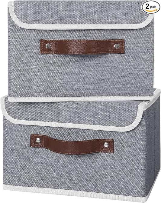 ANMINY Fabric Storage Box Bins with Lids, Gray, 10"x8"x7", 2 Pack | Keepsake Memory Storage, Cotton Linen, PP Board Reinforced, Washable, PU Handles, Foldable & Stackable, Decorative, Small by ANMINY
